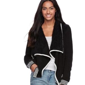 Candies Black fuzzy waterfall cardigan with white trim